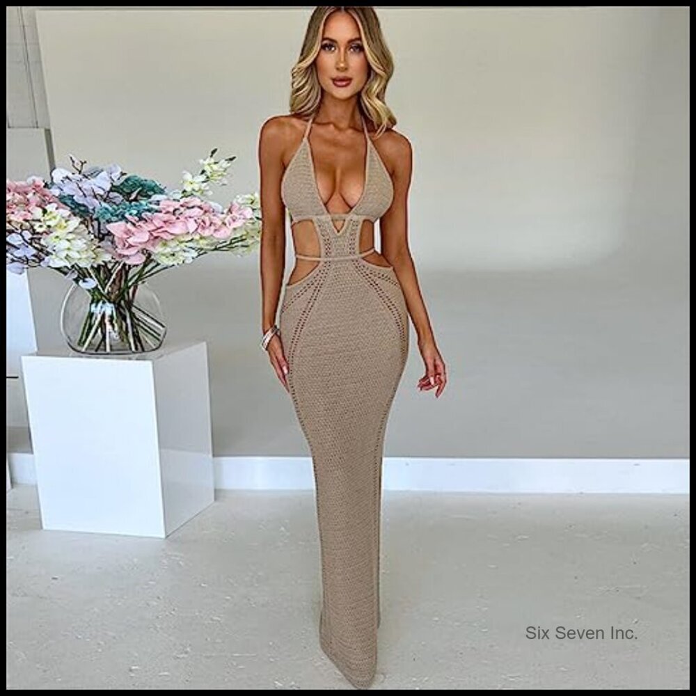 Cotton Polyester Knitted Bodycon Maxi Dress Halter Backless Hollow Out - Picture 2 of 7